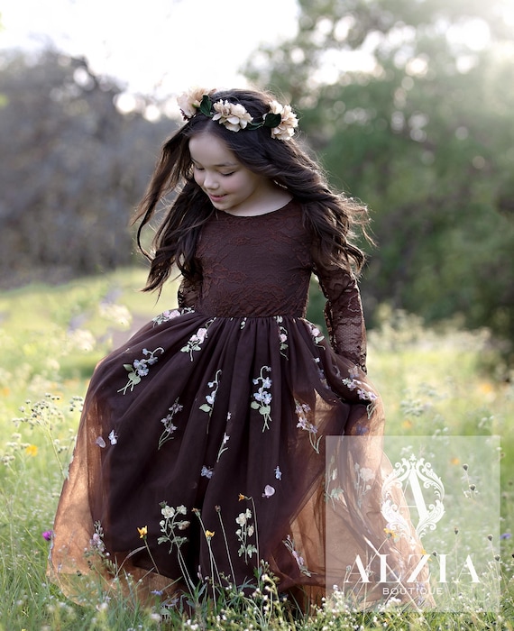Brown Tulle Flower Girl Dress: Lace Bodice, Floral Skirt