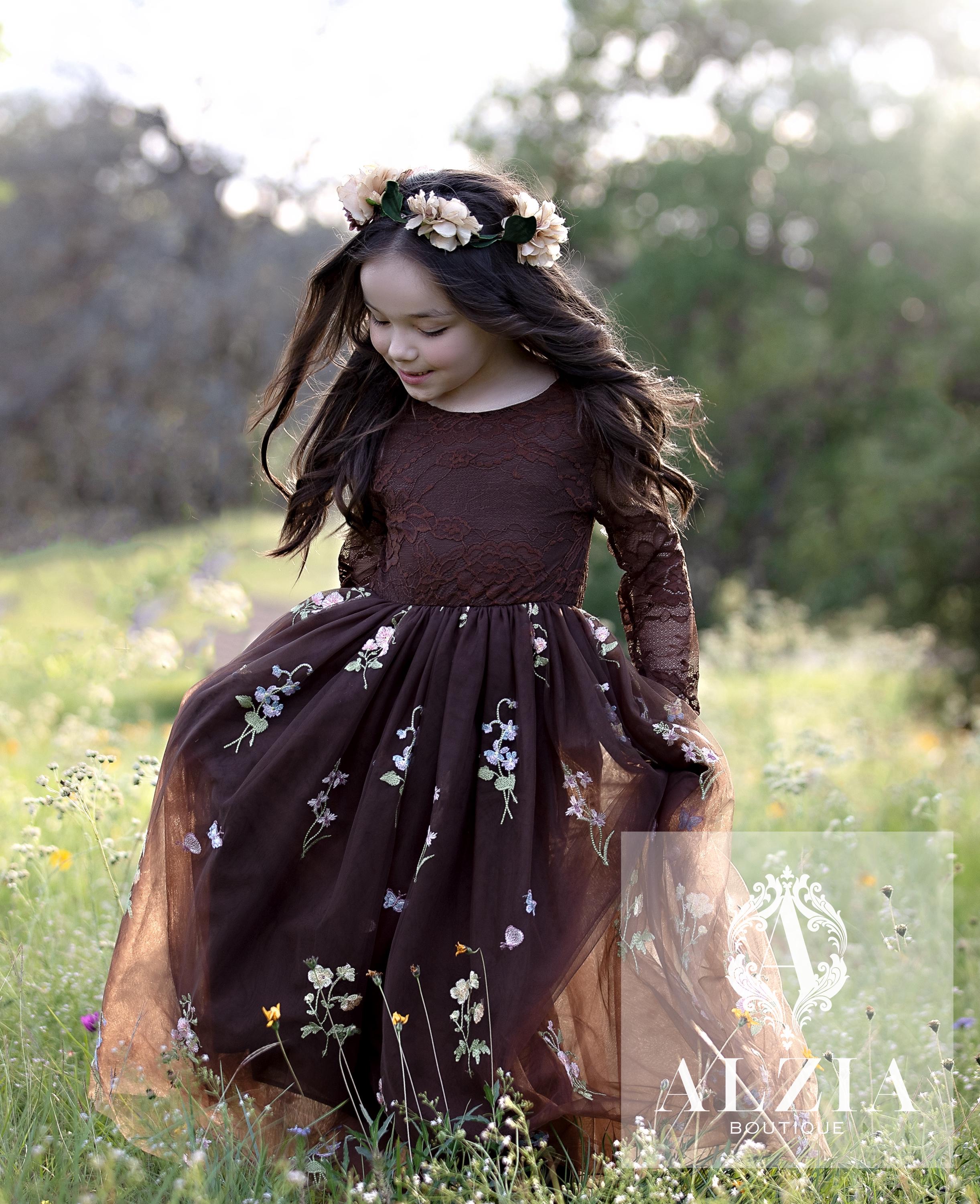 chocolate brown flower girl dress Charlotte Premium Girls Dress - Chocolate Brown