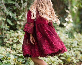Burgundy ~ Maroon Christmas Baby Girl Dress, Christmas Girl Outfit, Velvet Dress for Toddlers, First Christmas baby Dress, Boho Flower Girl
