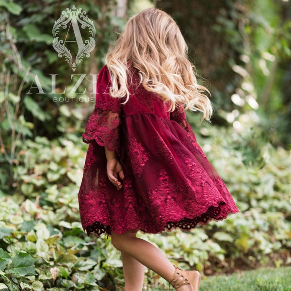 Burgundy ~ Maroon Christmas Baby Girl Dress, Christmas Girl Outfit, Velvet Dress for Toddlers, First Christmas baby Dress, Boho Flower Girl