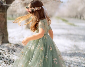 Sage Green Floral Embroidered Tulle Flower Girl Dress, Easter Girls Dress, Spring Flower Girl Dress, Summer Floral Dress for Girls