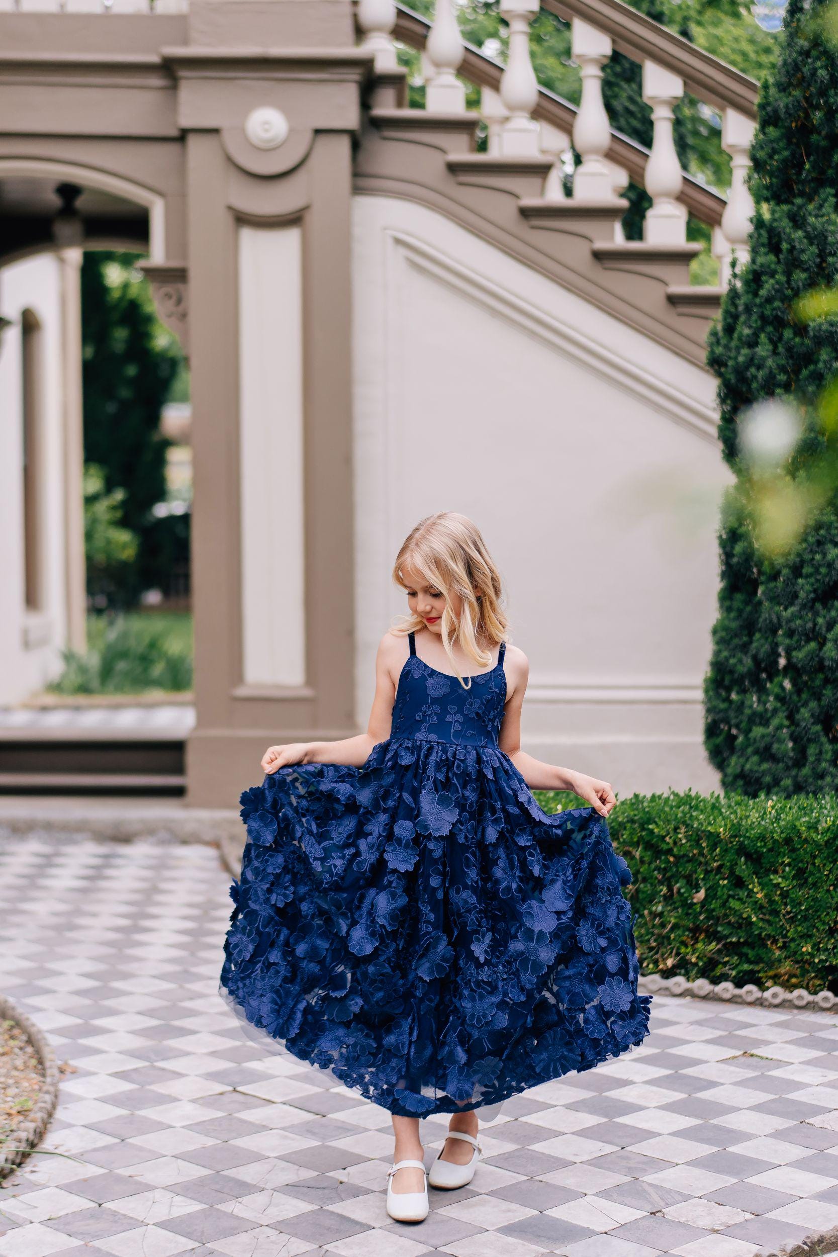 blue dress with purple flowers Strapless Long Floral-Print Prom Dress with Ruffles Blue / 6