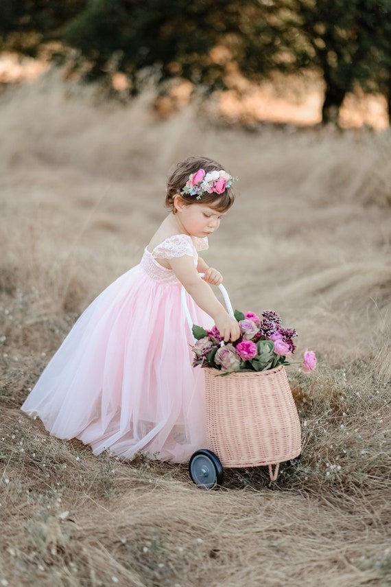 Full Length Baby Pink Tulle Lace Party Flower Girl Dress Etsy