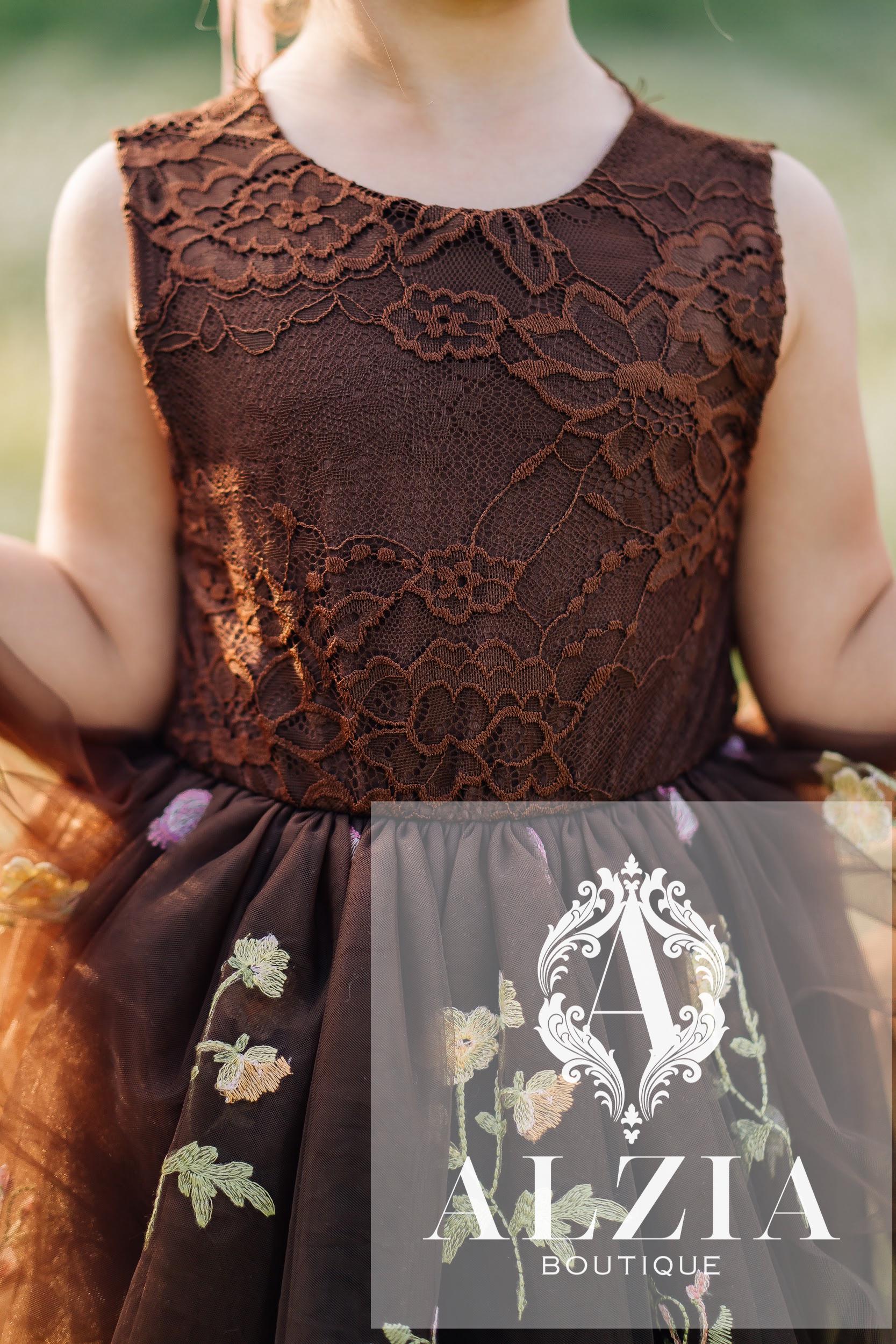 Brown Embroidered Tulle Flower Girl Dress: Lace Bodice, Floral Skirt
