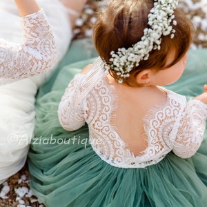 Sage Green Flower Girl Lace Dress With Tulle Bottom image 7