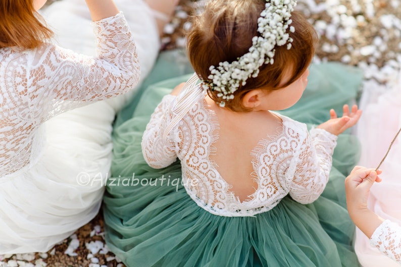 Sage Green Flower Girl Lace Dress With Tulle Bottom image 7
