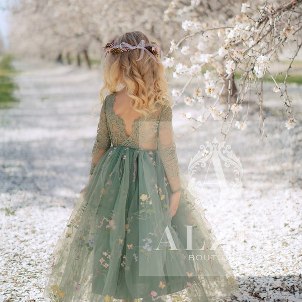 Robe de bouquetière en tulle brodé à fleurs, Robe de Pâques pour fillette, Robe de bouquetière de printemps, Robe d'été à fleurs pour fille