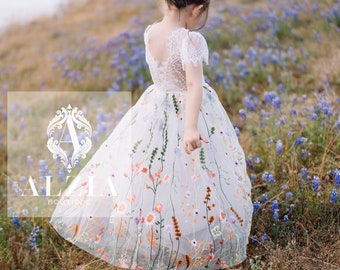 Orange Blumen bestickte Tüll Blumenmädchen Kleid, Ostern Mädchen Kleid, Frühling Blumenmädchen Kleid, Sommer Blumenkleid für Mädchen