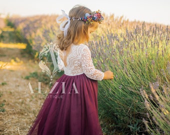 Full Length Plum Tulle Lace Top Scalloped Edges Back Party Flower Girl Dress