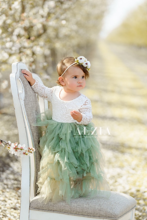 Sage Green Lace Flower Girl Dress Scalloped Edges Back Party - Etsy