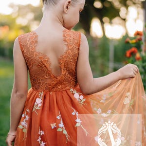 Burnt Orange Tulle Flower Girl Dress: Embroidered Lace Bodice, Boho Wedding