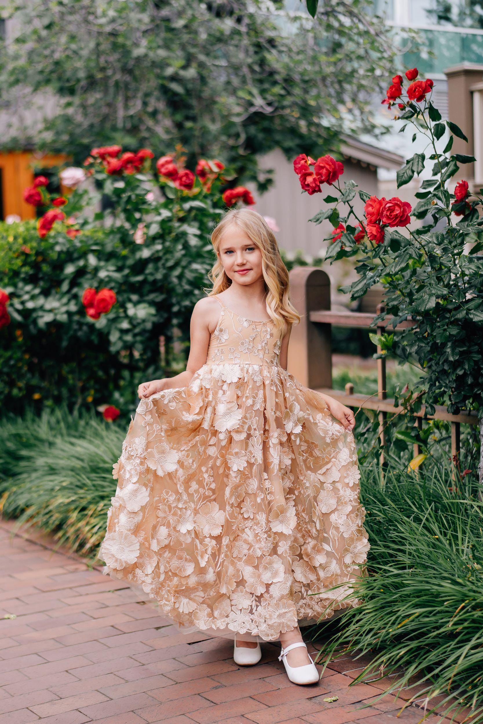 Flower Girl Dress | Deep Champagne 3D Floral Appliqué Gown
