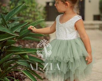 Sage Green Flower Girl Dress, Baby Toddler Dress, Tulle Tutu Dress,