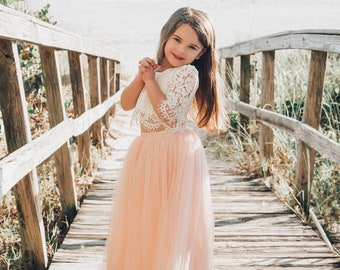 Falda de tul rosa, vestido de niña de flores de encaje rosa rubor, falda de tul Skylar, boda en la playa,