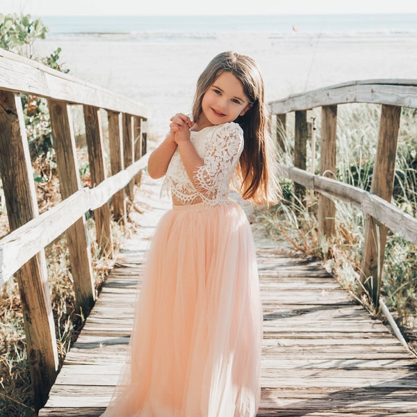 Jupe en tulle rose, robe de fille de fleur en dentelle rose poudré, jupe en tulle Skylar, mariage sur la plage,