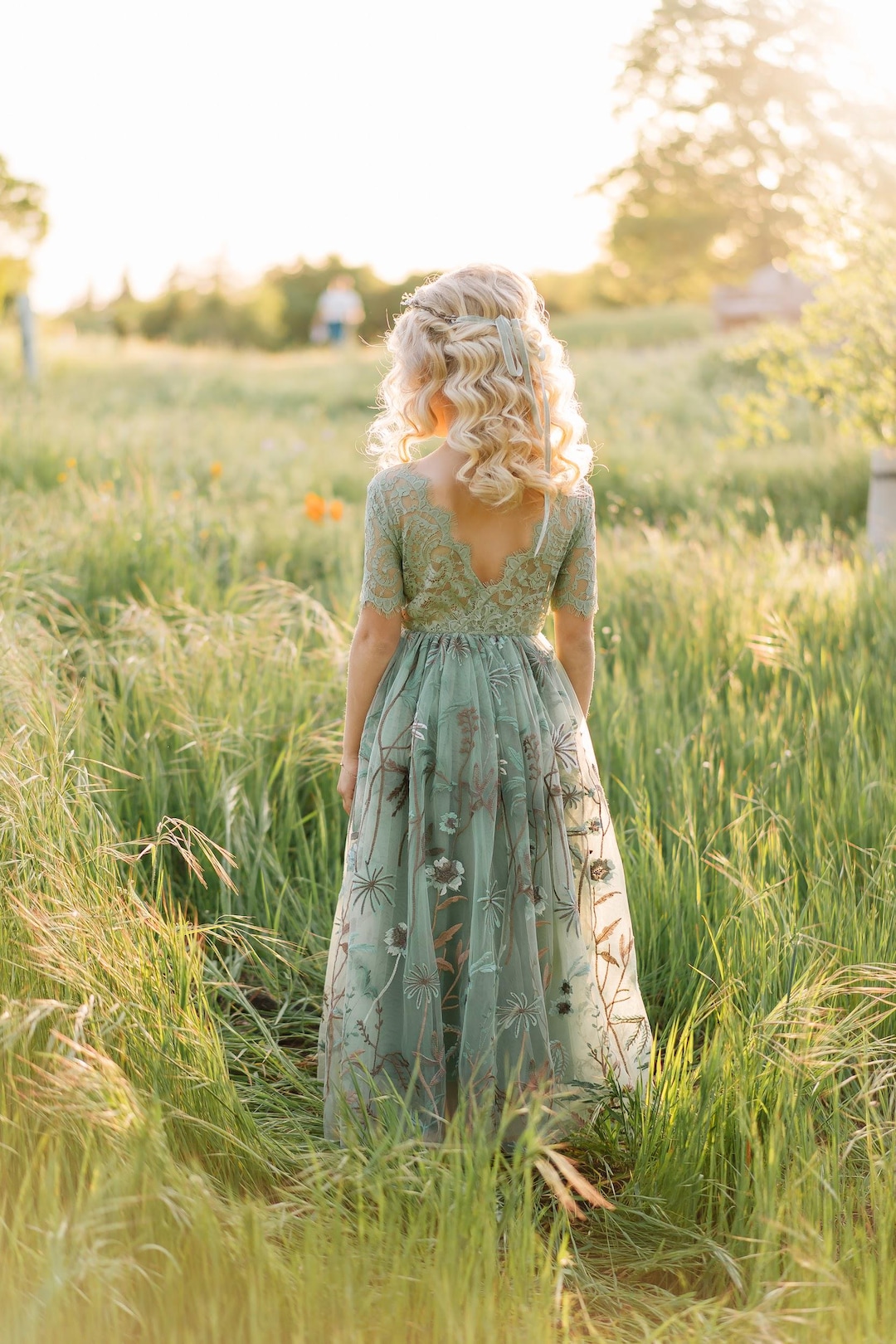 Sage Green Flower Girl Dress Short Sleeve
