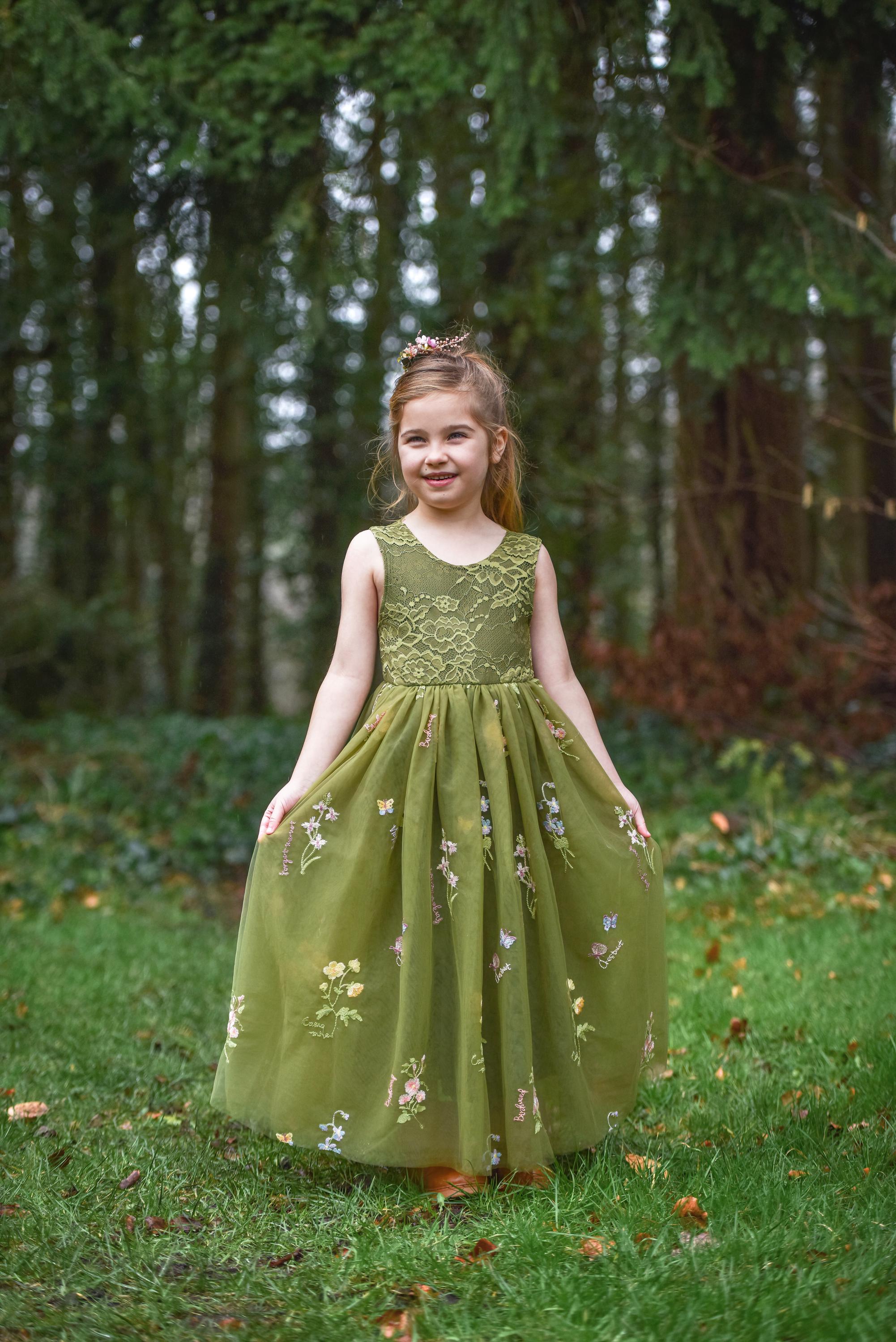 Olive Green Flower Girl Dress, Earthy Forest Wildflower Embroidered Tulle Toddler Gown, Boho Woodland Wedding