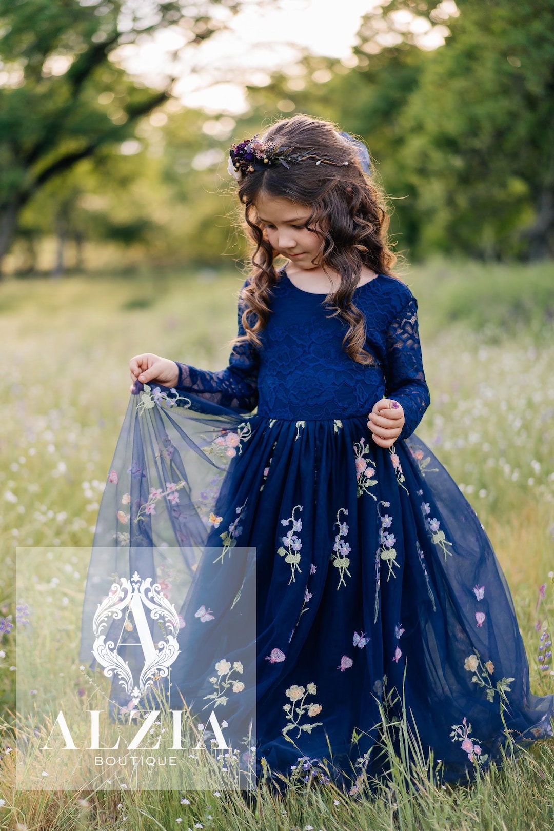 Navy Embroidered Tulle Flower Girl Dress: Lace Bodice, Fall Wedding
