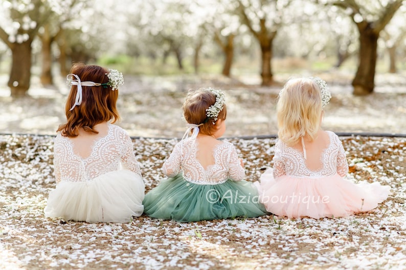 Sage Green Flower Girl Lace Dress With Tulle Bottom image 6