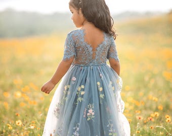 Blue Grey Flower Girl Dress | Wildflower Embroidered Tulle | Boho
