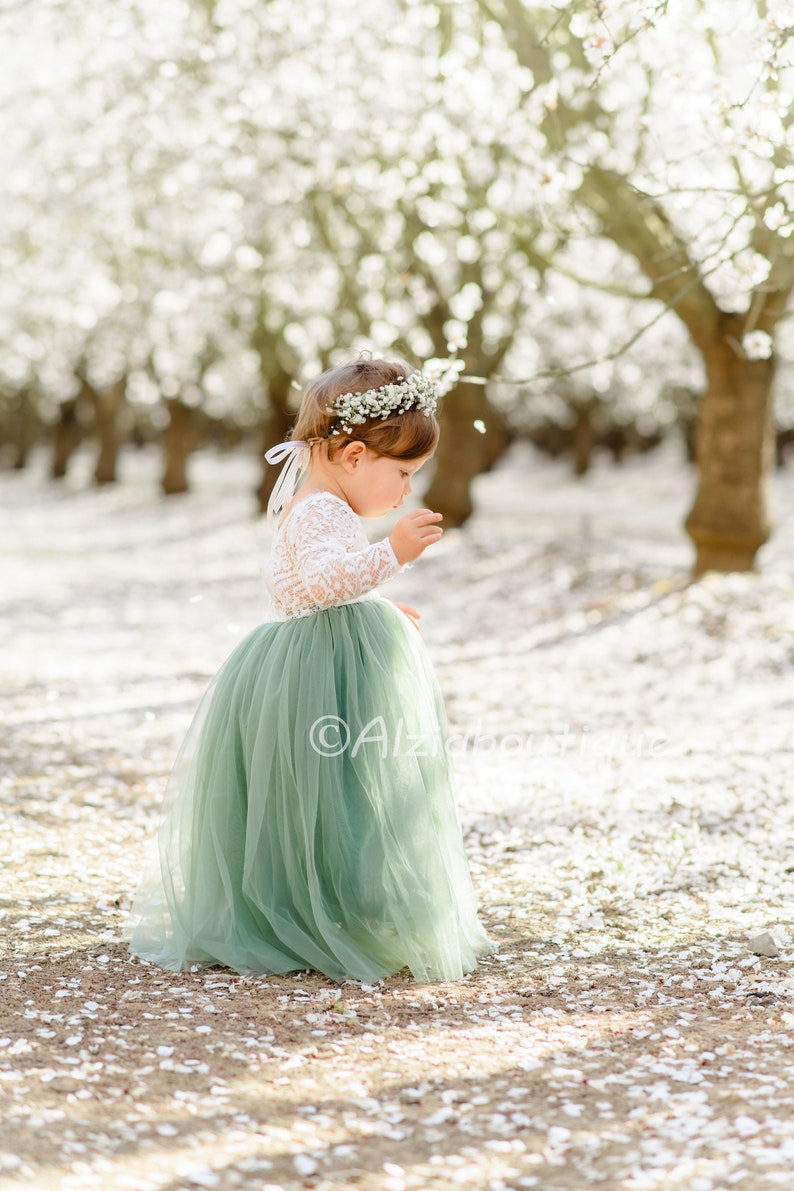 Robe vert sauge en dentelle pour bouquetières et bas en tulle image 1