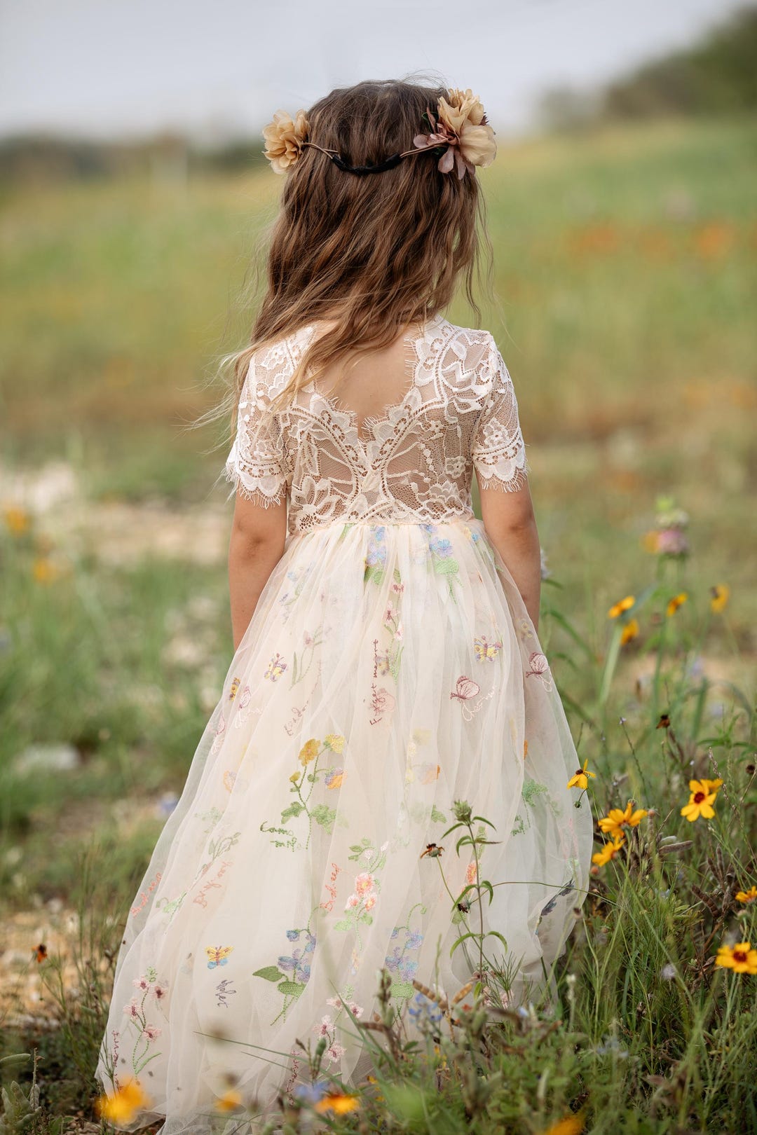 Ivory Flower Girl Dress, Champagne Heirloom Wildflower Embroidered Tulle Toddler Gown, Classic Boho Wedding Dress