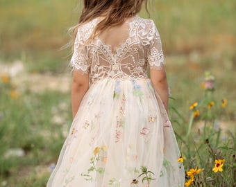 Champagne Flower Girl Dress | Wildflower Embroidered Tulle | Boho