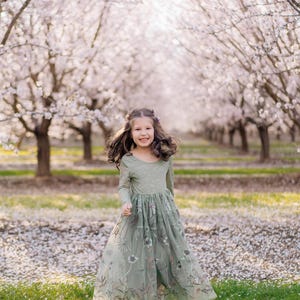 Pu&ograve; includere: Un abito a maniche lunghe color verde salvia con corpetto aderente e gonna in tulle fluida decorata con intricati ricami floreali nei toni del bianco, marrone e verde tenue, che arriva fino alle caviglie con scollo rotondo.