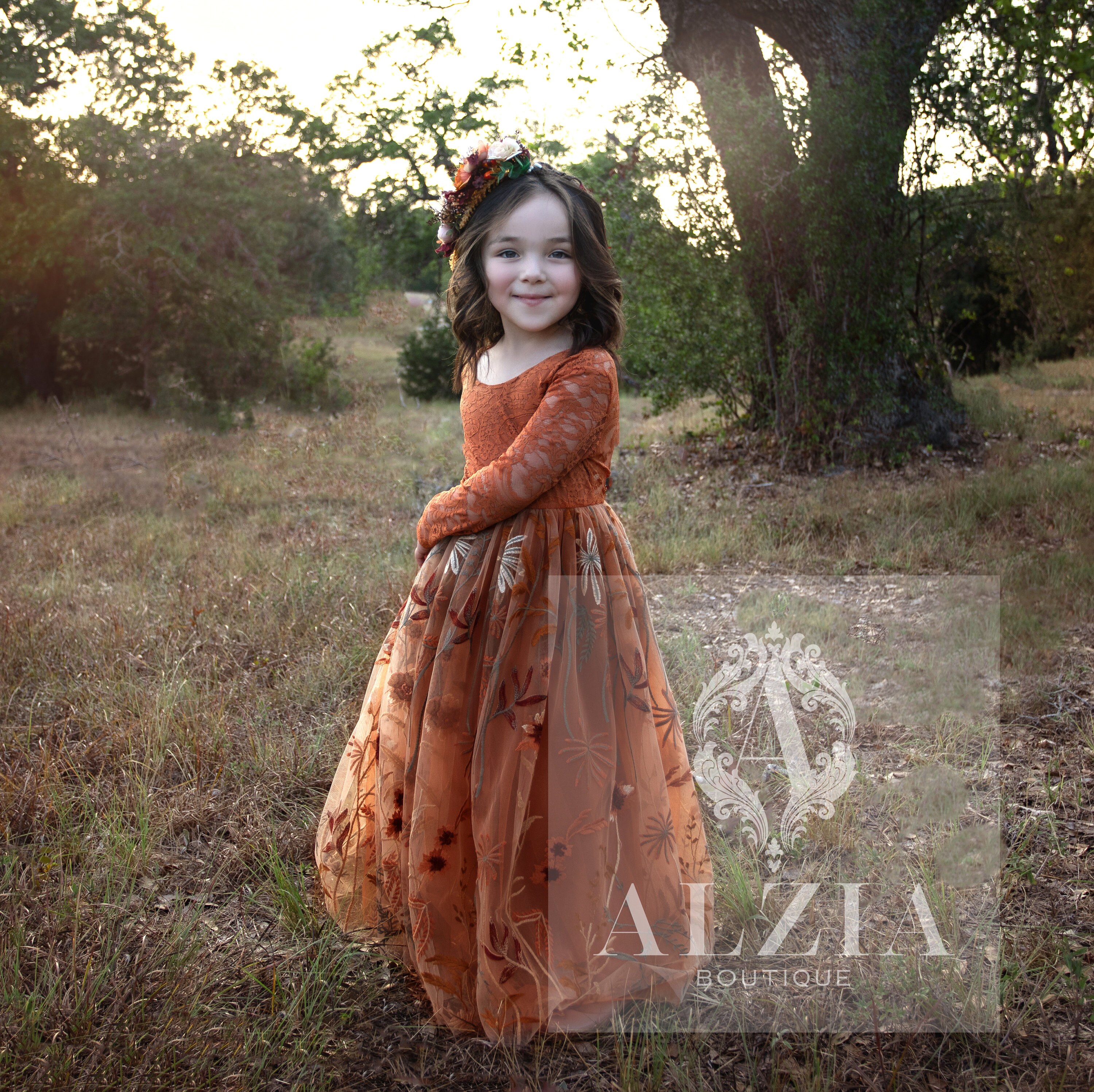 Burnt Orange Flower Girl Dress - Boho Fall Elegance with Ruffle Sleeves