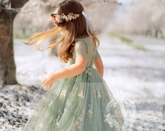 Sage Green Floral Embroidered Tulle Flower Girl Dress, Easter Girls Dress, Spring Flower Girl Dress, Summer Floral Dress for Girls