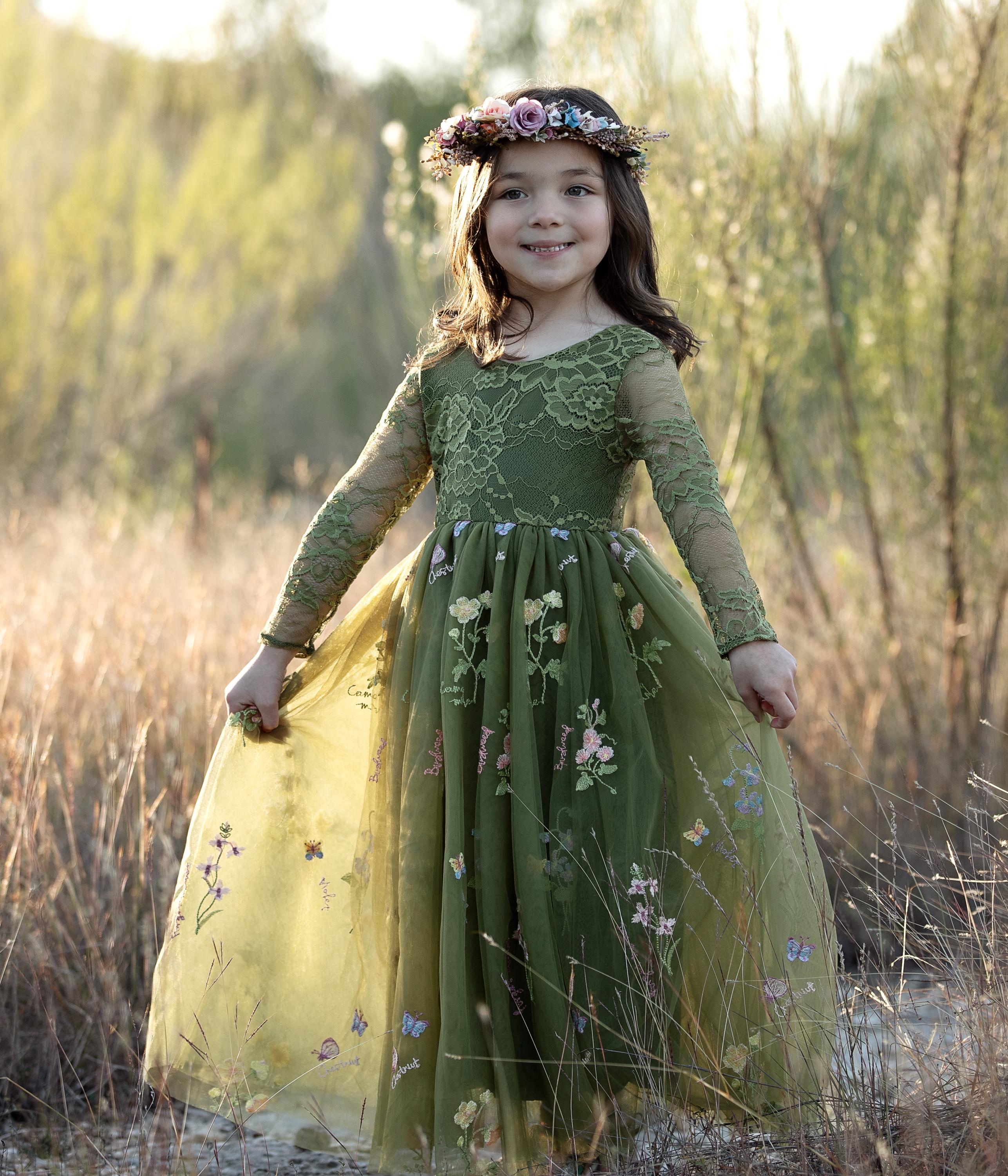 girl olive green dress Flower Dress, Earthy Forest Wildflower Embroidered Tulle Toddler Gown, Boho Woodland Wedding Ropa plus size