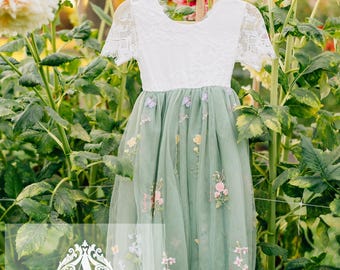 White Lace Flower Girl Dress – Embroidered Tulle Skirt, Boho Wedding Outfit