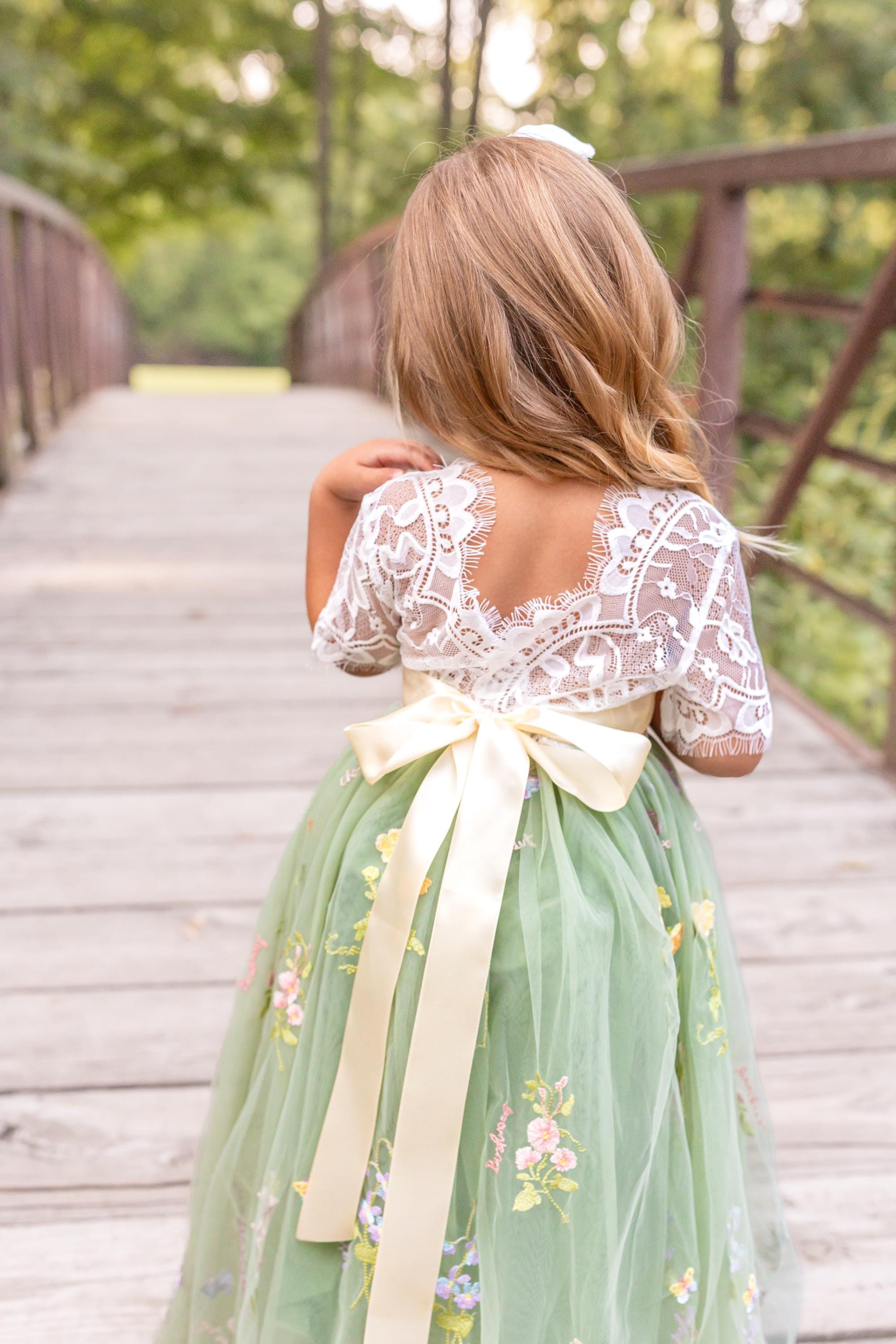 embroidered tulle dress kids White Wildflowers Embroidered Tulle Flower Girl Dress