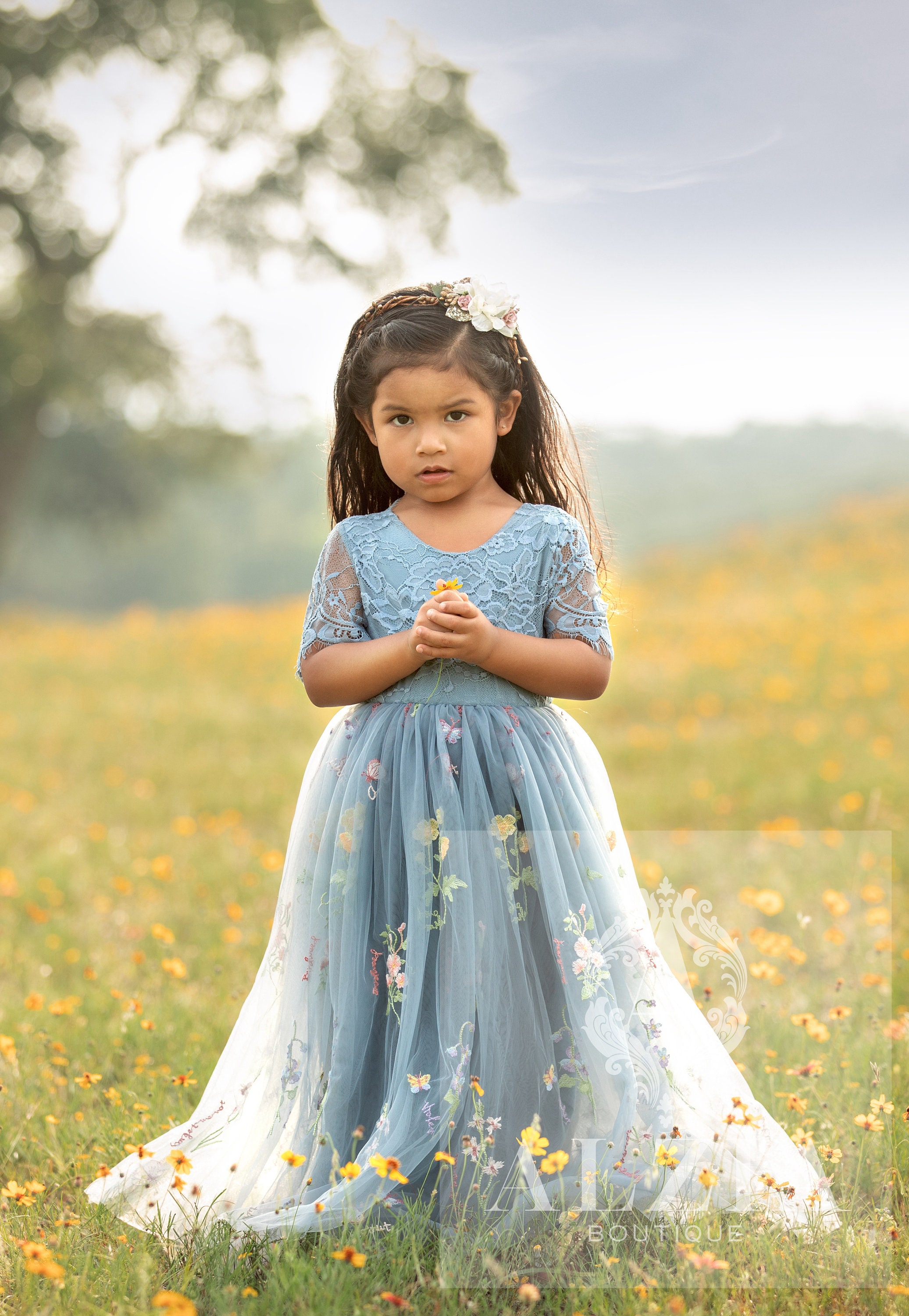 Sage Green Floral Embroidered Tulle Flower Girl Dress Sage Green Floral Embroidered Tulle Flower Girl Dress
