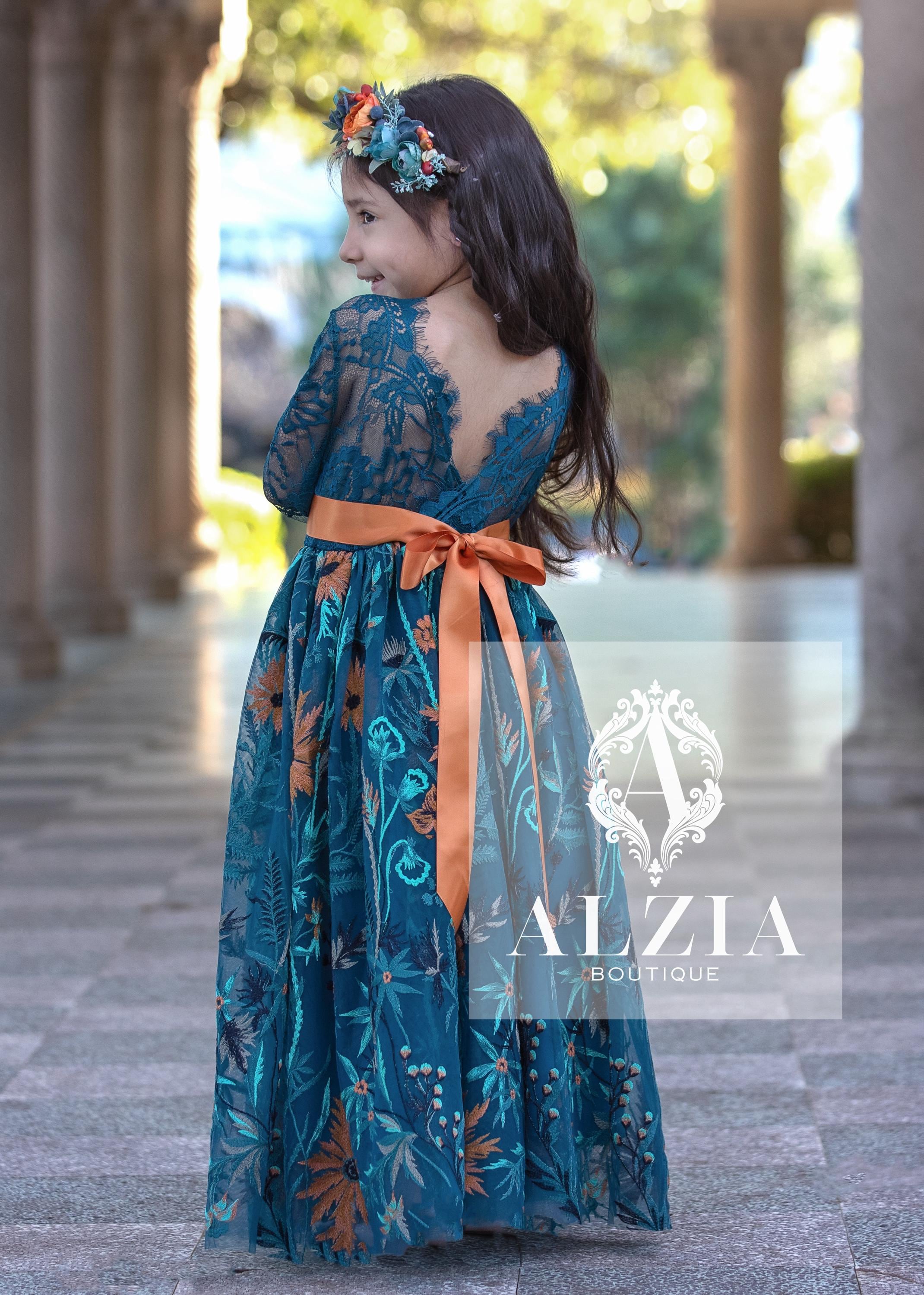 Embroidered Teal Flower Girl Dress: Orange Sunflower Garden Party Dress -  Etsy