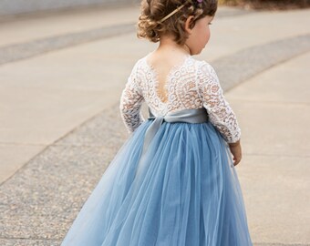 Dusty blue flower girl dress tulle, Party girl dress, Lace flower girl dress