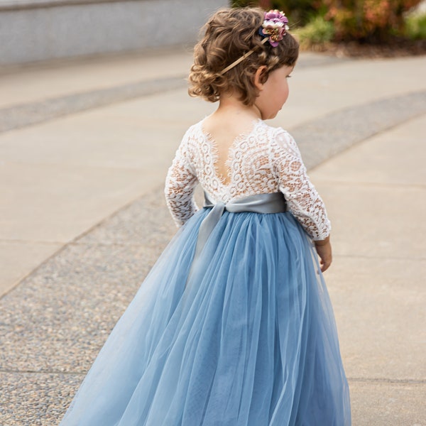 Dusty blue flower girl dress tulle, Party girl dress, Lace flower girl dress