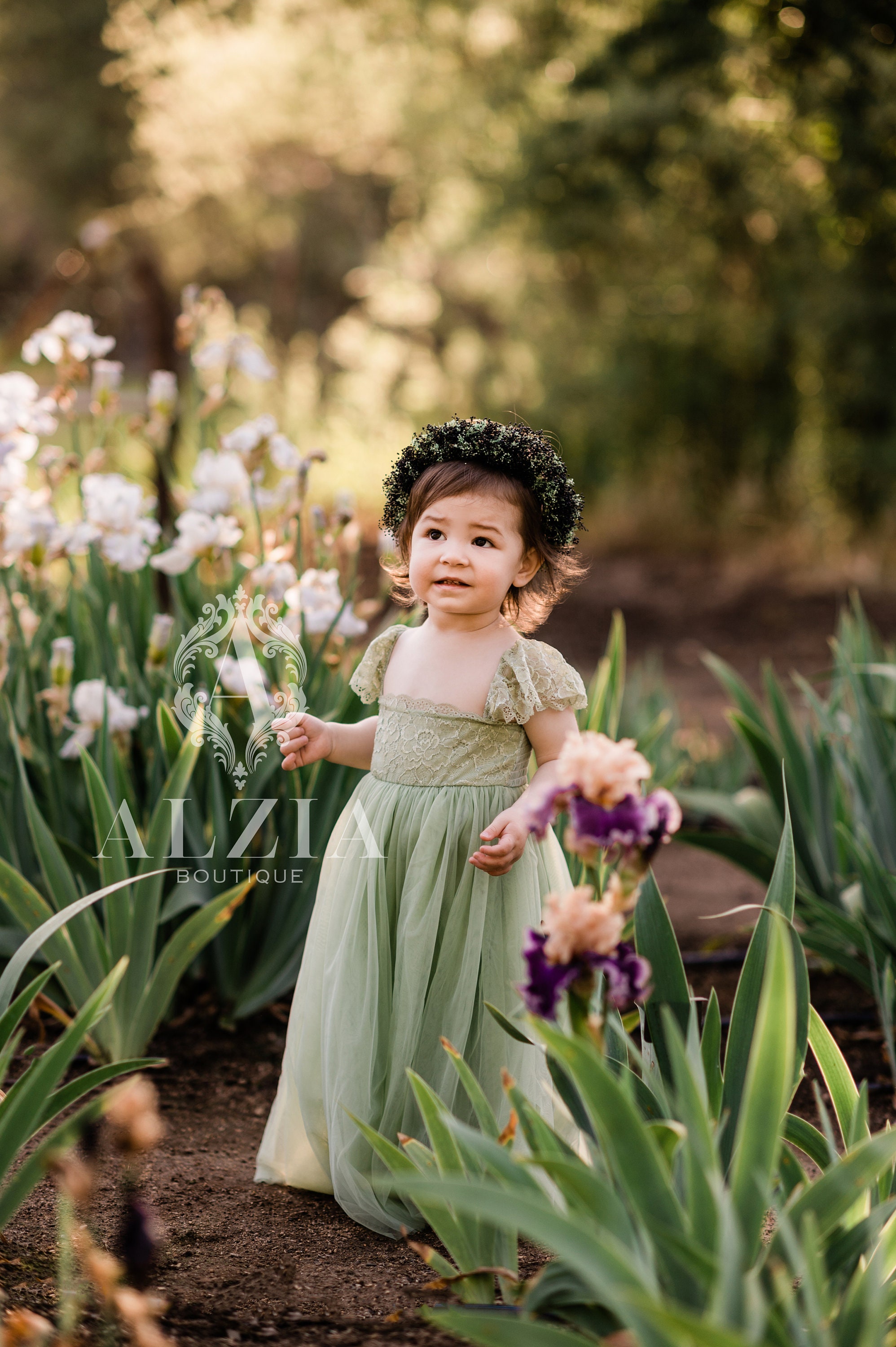 Jade Green Tulle Lace Flower Girl Dress Boho Flower Girl Rustic