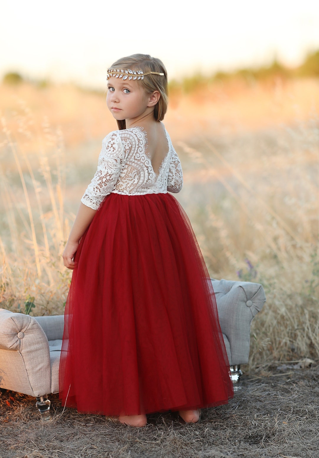 Full Length Wine Red Tulle Lace Top Scalloped Edges Back Party Flower ...