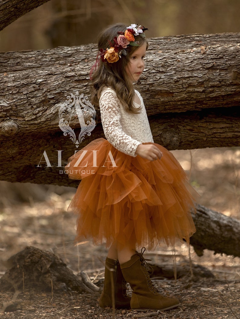Burnt Orange Flower Girl Dress, Baby Toddler Dress, Tulle Tutu Dress, image 2