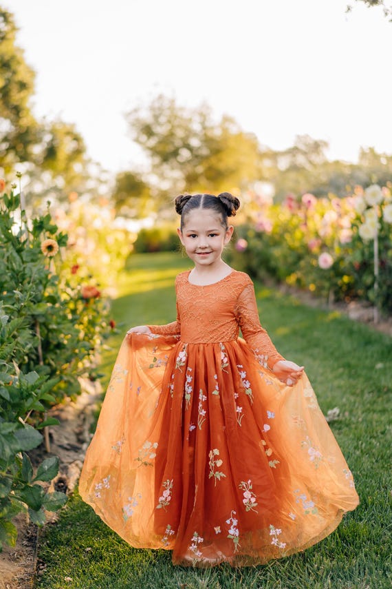 Burnt Orange Embroidered Tulle Flower Girl Dress: Boho Lace Autumn Wedding 