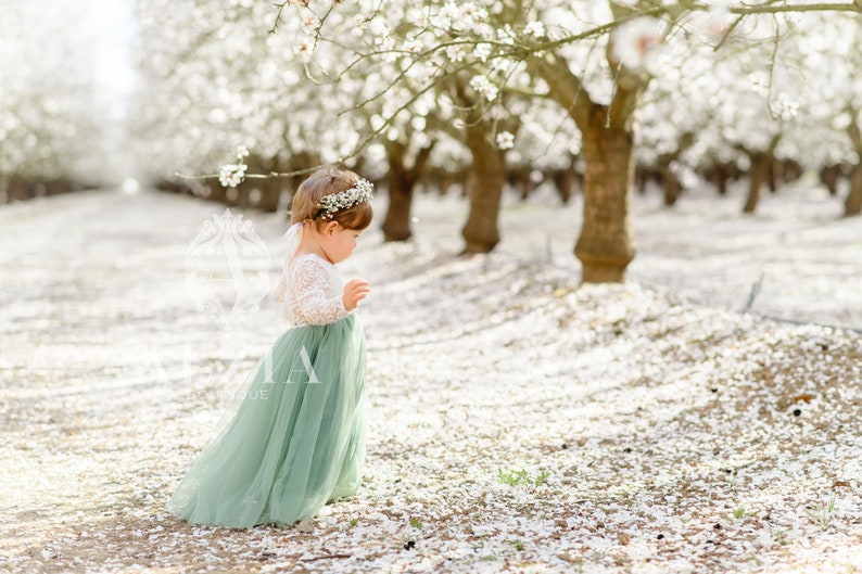 Sage Green Flower Girl Lace Dress With Tulle Bottom image 8