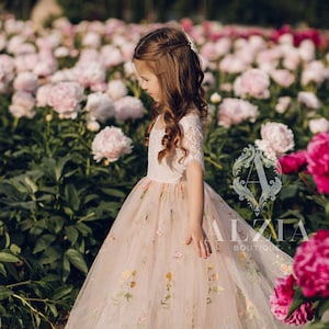 Floral Embroidered Tulle Flower Girl Dress: Sage Green Lace