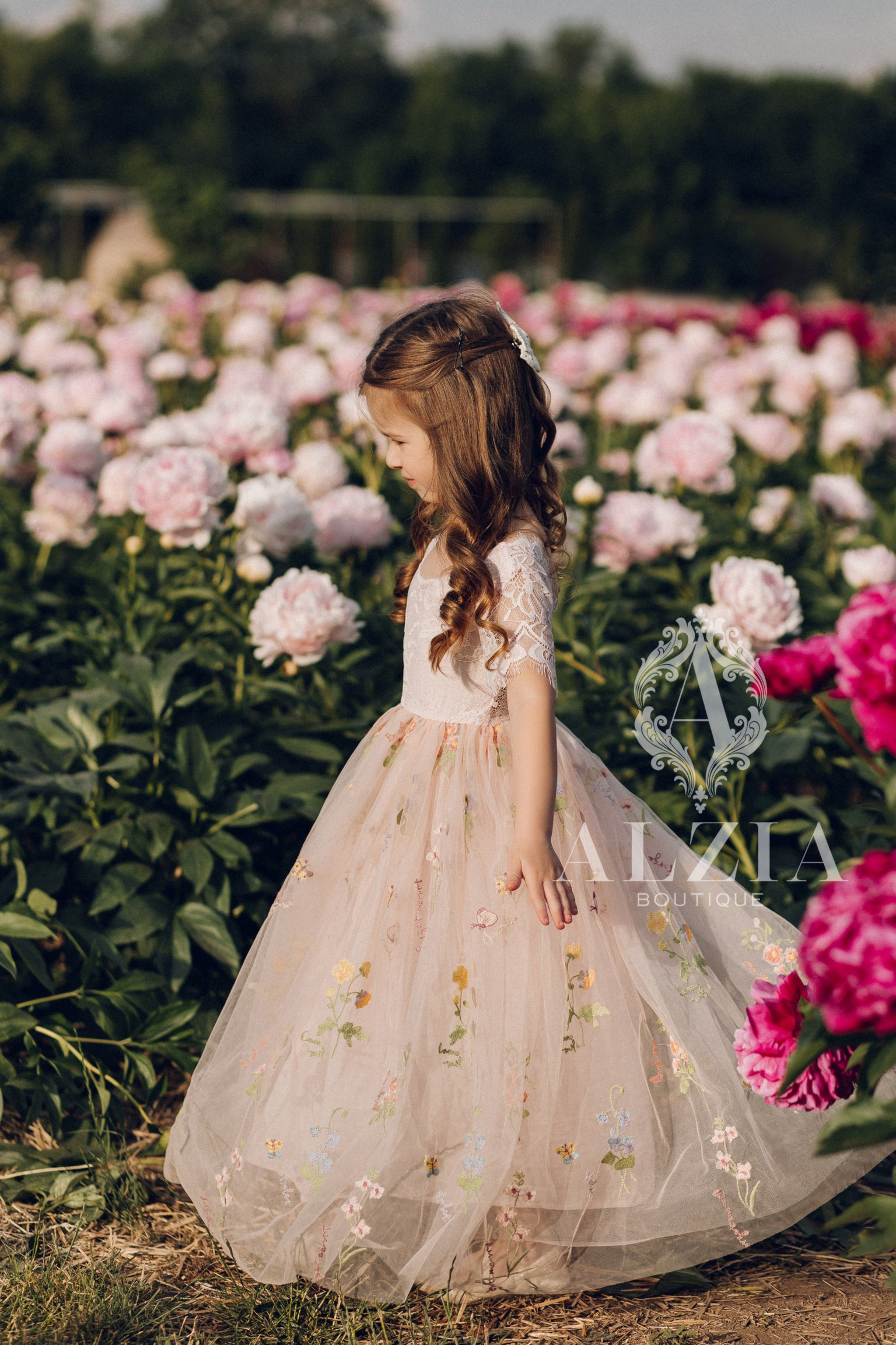 Pink Floral Embroidered Tulle Flower Girl Dress, Easter