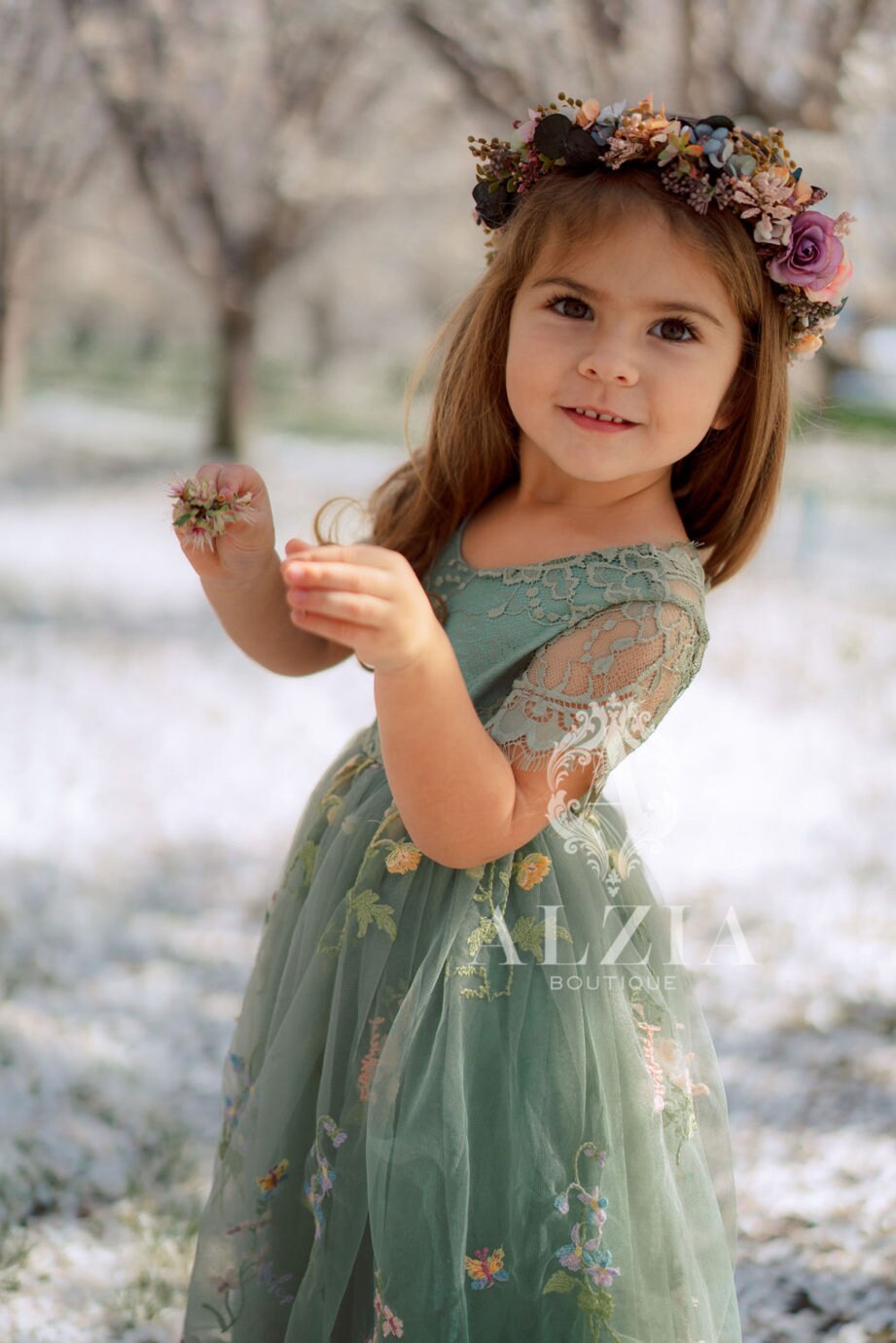 Moss green flower girl cheap dress