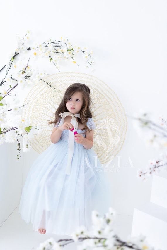Girl's Backless A-Line Flower Girl Dress With Lace Bodice & Tutu Skirt – Gray, Size 6 Years