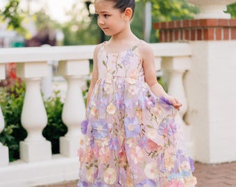 Flower Girl Dress | Pastel Pink 3D Floral Tulle Gown | Spring Garden Couture