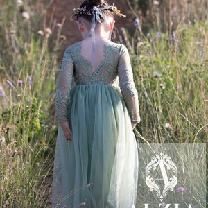 Sage Green Flower Girl Dress: Lace & Tulle, Scallop V Back