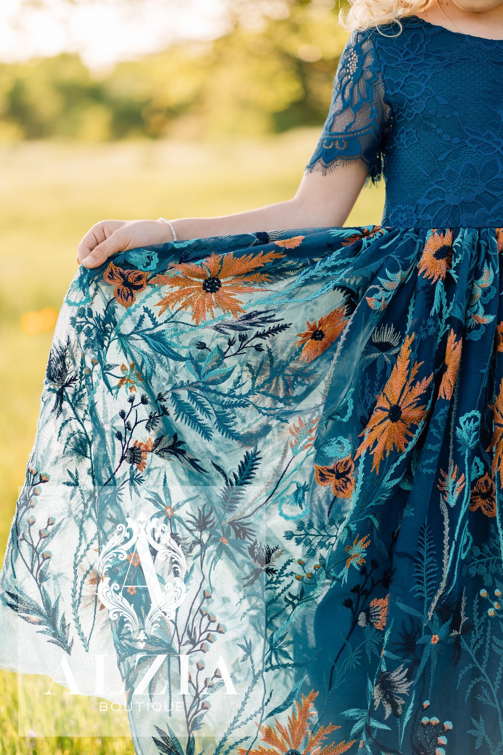Teal Flower Girl Dress | Boho Floral Lace Tulle | Boho Wedding