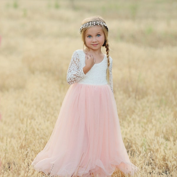 Full Length Peach Pink Tulle Lace Top Scalloped Edges Back Party Flower Girl Dress